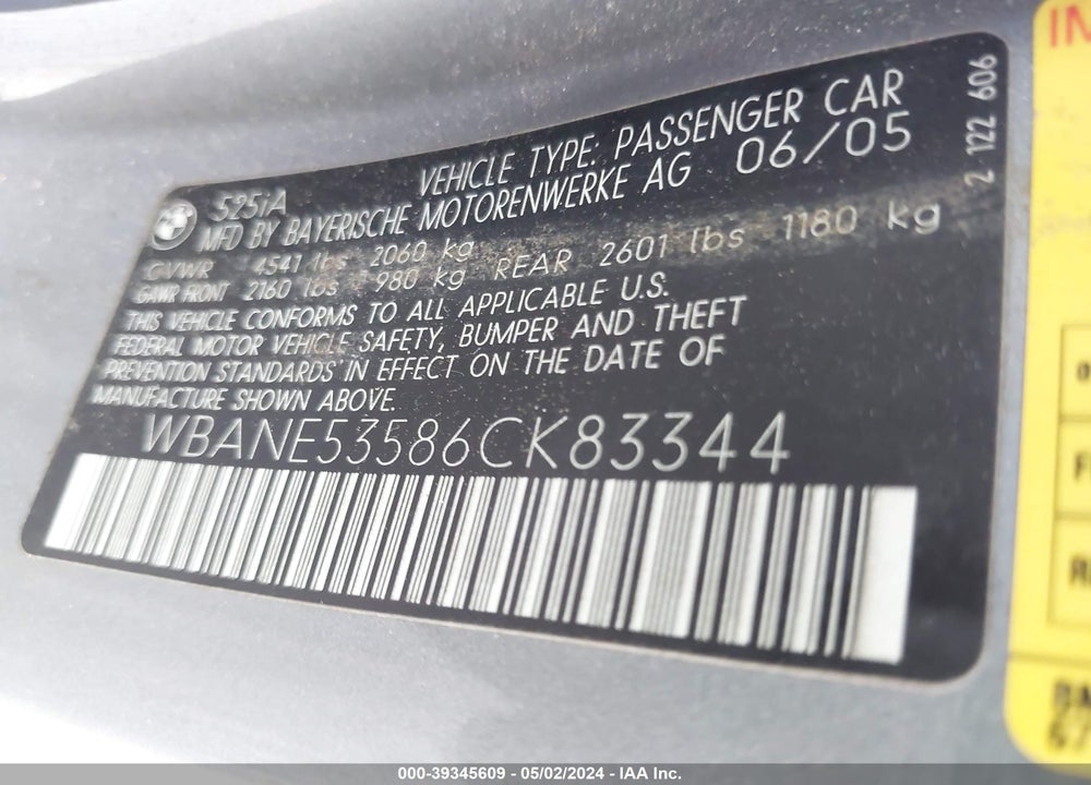 2006 BMW 525I VIN: WBANE53586CK83344
