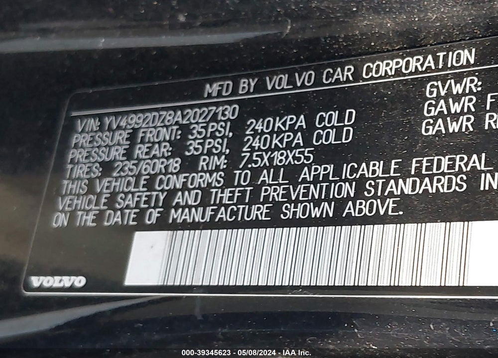2010 VOLVO XC60 T6/T6 R-DESIGN VIN: YV4992DZ8A2027130