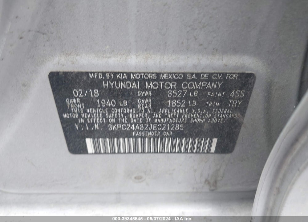 2018 HYUNDAI ACCENT SE VIN: 3KPC24A32JE021285