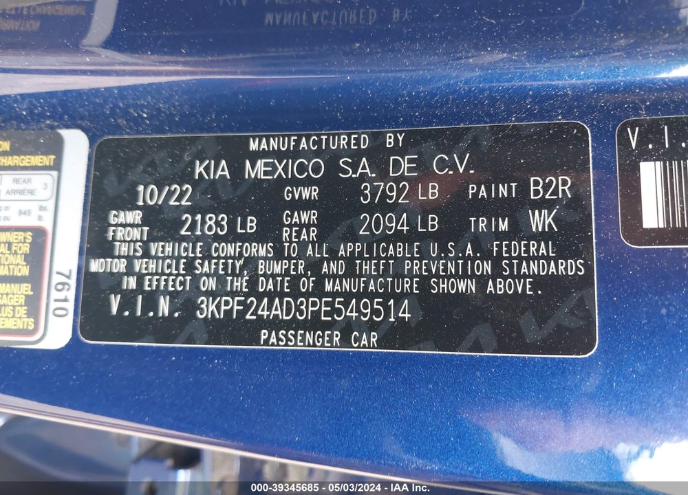2023 KIA FORTE LXS VIN: 3KPF24AD3PE549514