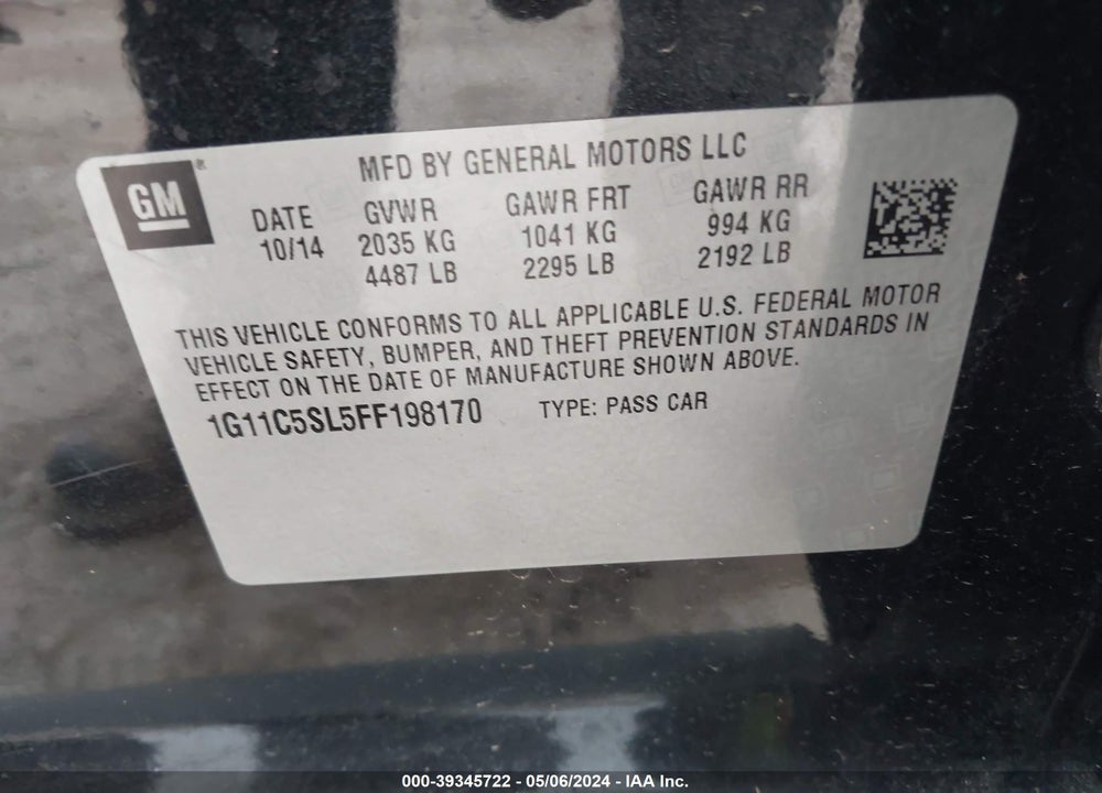2015 CHEVROLET MALIBU 1LT VIN: 1G11C5SL5FF198170