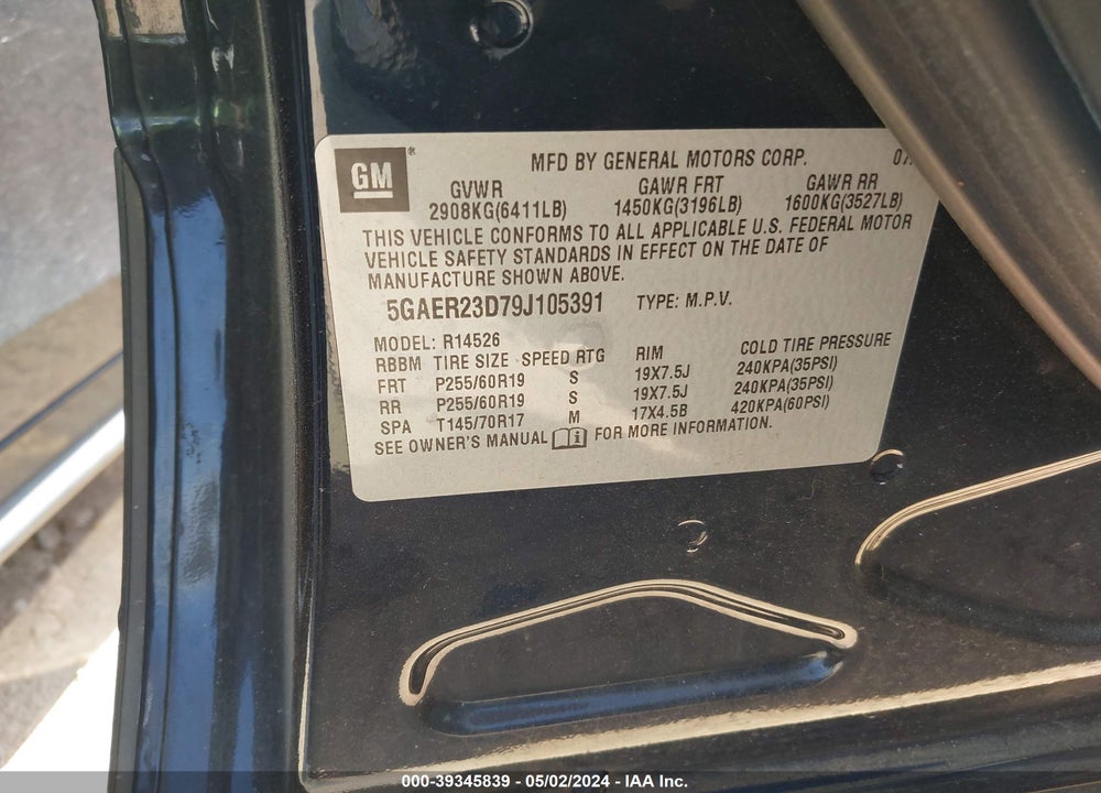 2009 BUICK ENCLAVE CXL VIN: 5GAER23D79J105391