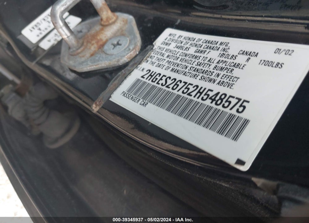 2002 HONDA CIVIC EX VIN: 2HGES26752H548575