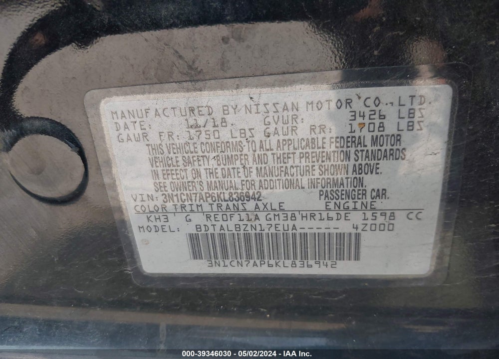 2019 NISSAN VERSA 1.6 SV VIN: 3N1CN7AP6KL836942