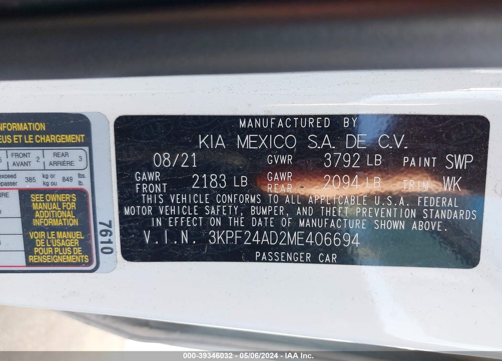2021 KIA FORTE LXS VIN: 3KPF24AD2ME406694