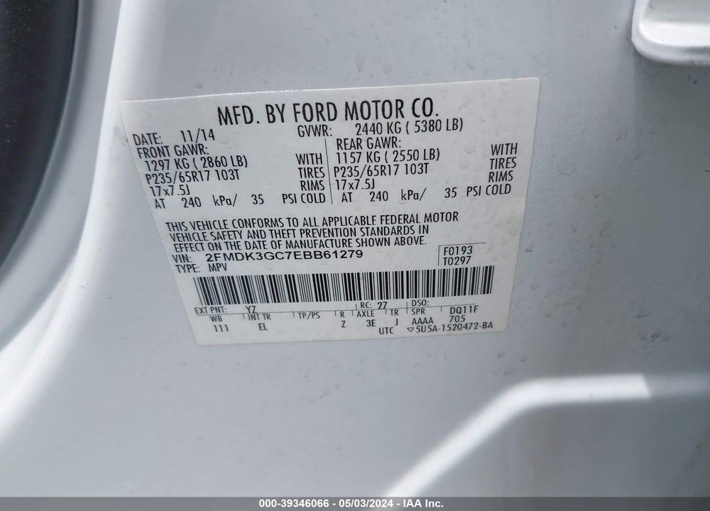 2014 FORD EDGE SE VIN: 2FMDK3GC7EBB61279
