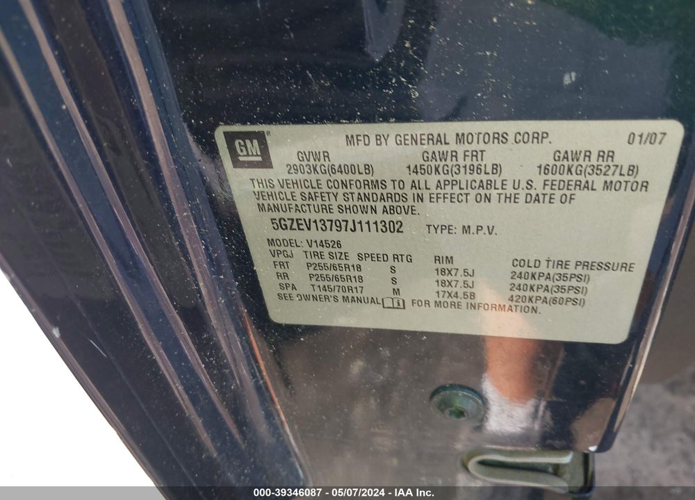 2007 SATURN OUTLOOK VIN: 5GZEV13797J111302