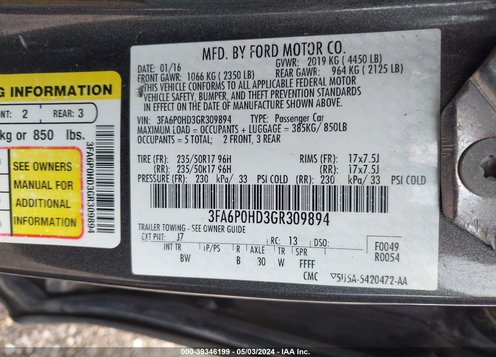 2016 FORD FUSION SE VIN: 3FA6P0HD3GR309894