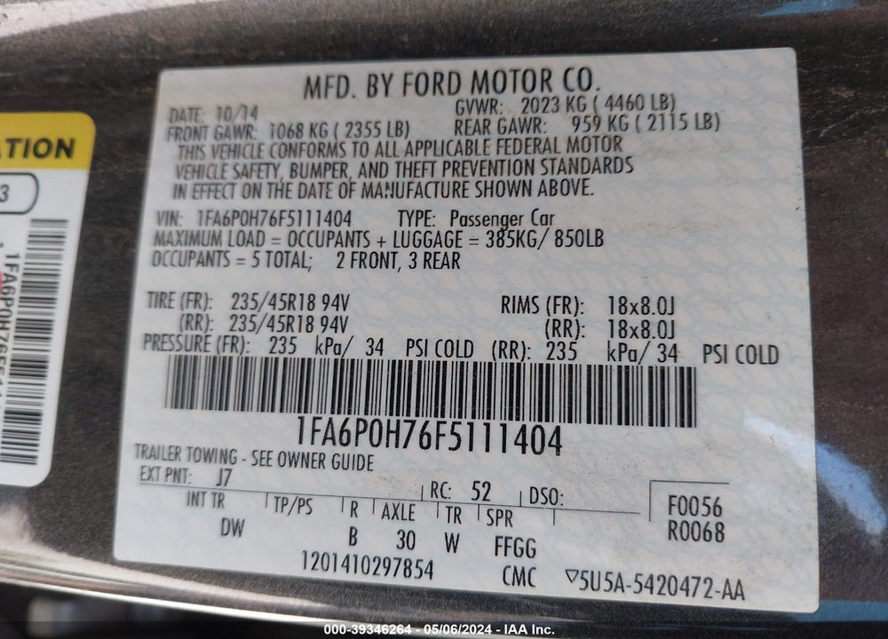 2015 FORD FUSION SE VIN: 1FA6P0H76F5111404