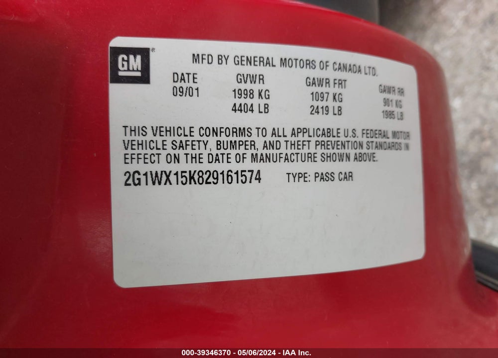 2002 CHEVROLET MONTE CARLO SS VIN: 2G1WX15K829161574