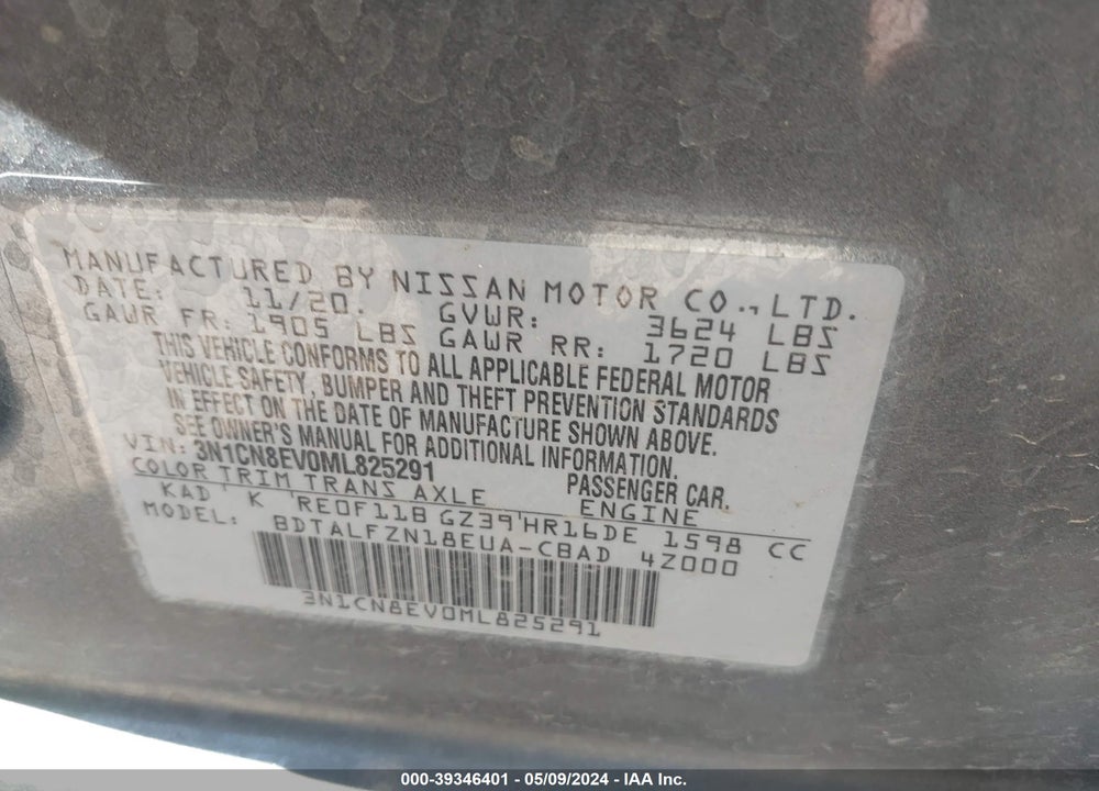 2021 NISSAN VERSA SV XTRONIC CVT VIN: 3N1CN8EV0ML825291