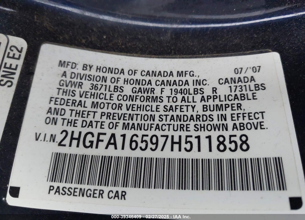 2007 HONDA CIVIC LX VIN: 2HGFA16597H511858
