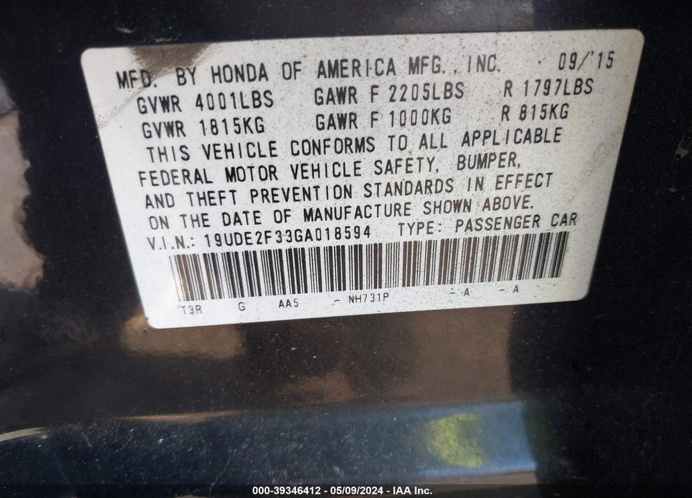 2016 ACURA ILX 2.4L/WATCH PLUS PACKAGE VIN: 19UDE2F33GA018594
