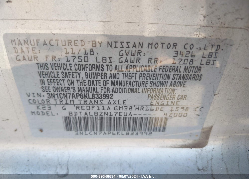 2019 NISSAN VERSA 1.6 SV VIN: 3N1CN7AP6KL833992