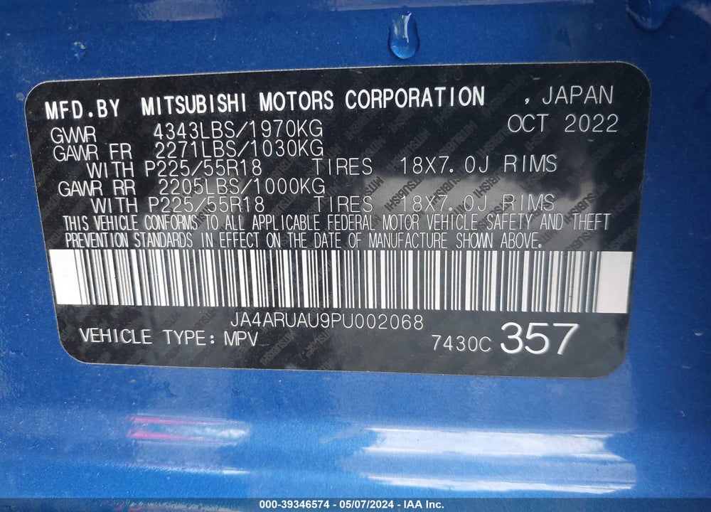 2023 MITSUBISHI OUTLANDER SPORT 2.0 ES AWC/2.0 LE AWC/2.0 RALLIART AWC/2.0 S AWC/2.0 SE AWC VIN: JA4ARUAU9PU002068