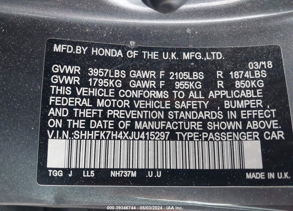 2018 HONDA CIVIC SPORT VIN: SHHFK7H4XJU415297