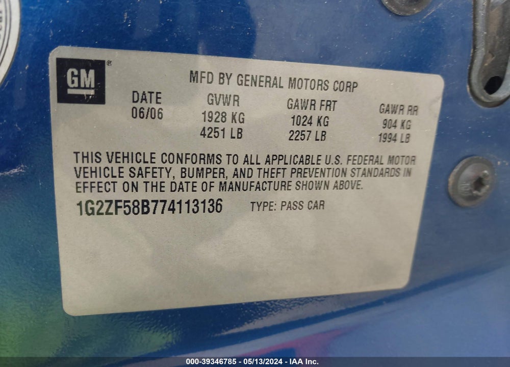 2007 PONTIAC G6 VALUE LEADER VIN: 1G2ZF58B774113136