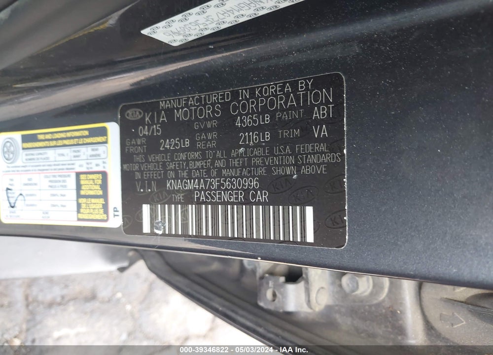 2015 KIA OPTIMA LX VIN: KNAGM4A73F5630996