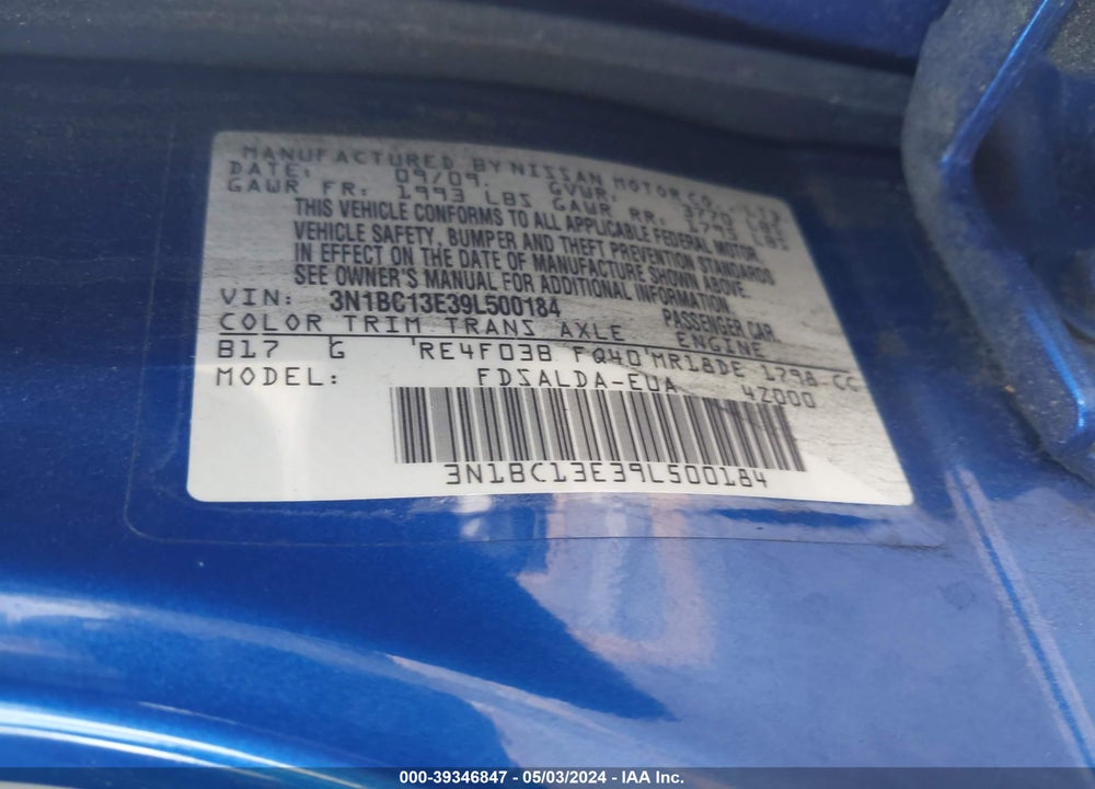 2009 NISSAN VERSA 1.8S VIN: 3N1BC13E39L500184
