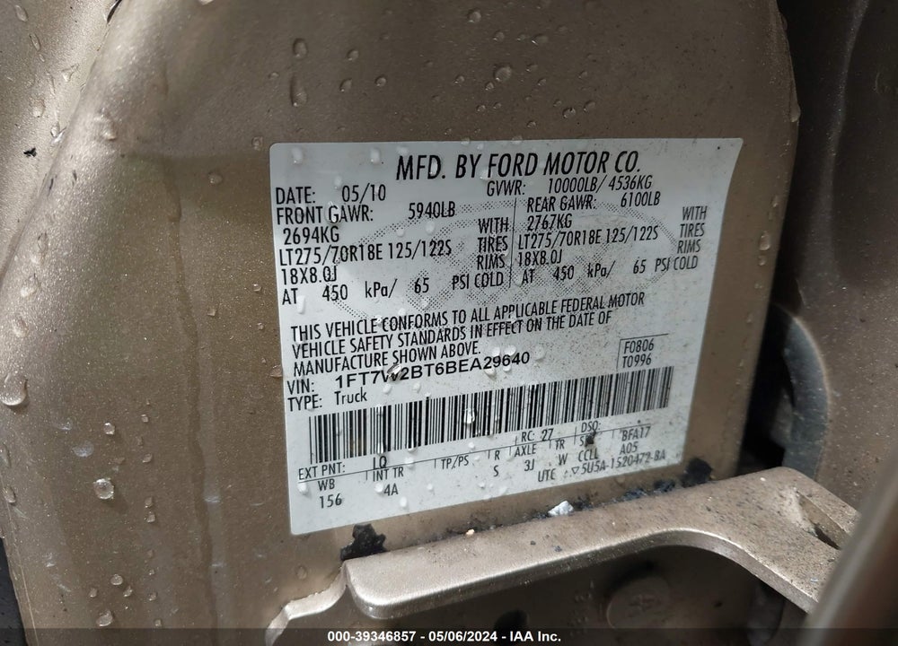 2011 FORD F-250 LARIAT VIN: 1FT7W2BT6BEA29640