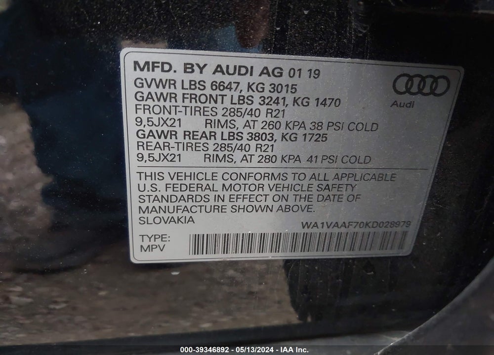 2019 AUDI Q7 55 PREMIUM VIN: WA1VAAF70KD028979
