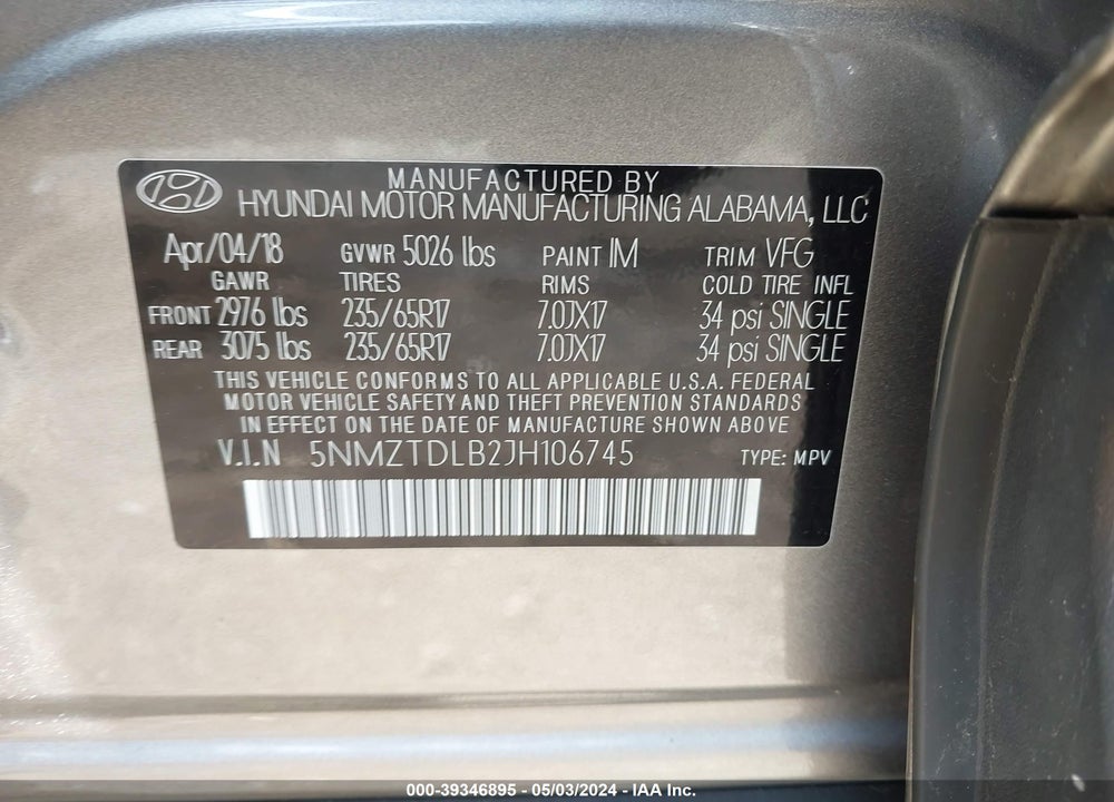 2018 HYUNDAI SANTA FE SPORT 2.4L VIN: 5NMZTDLB2JH106745