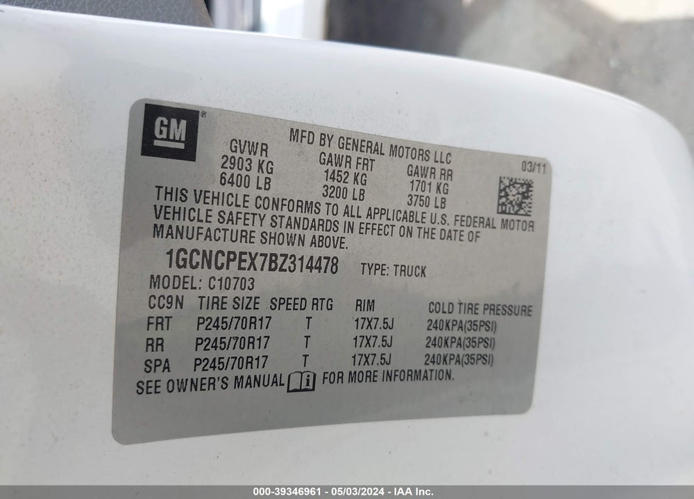 2011 CHEVROLET SILVERADO 1500 WORK TRUCK VIN: 1GCNCPEX7BZ314478