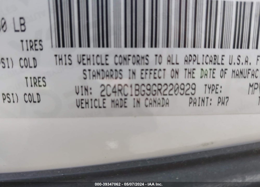 2016 CHRYSLER TOWN & COUNTRY TOURING VIN: 2C4RC1BG9GR220929