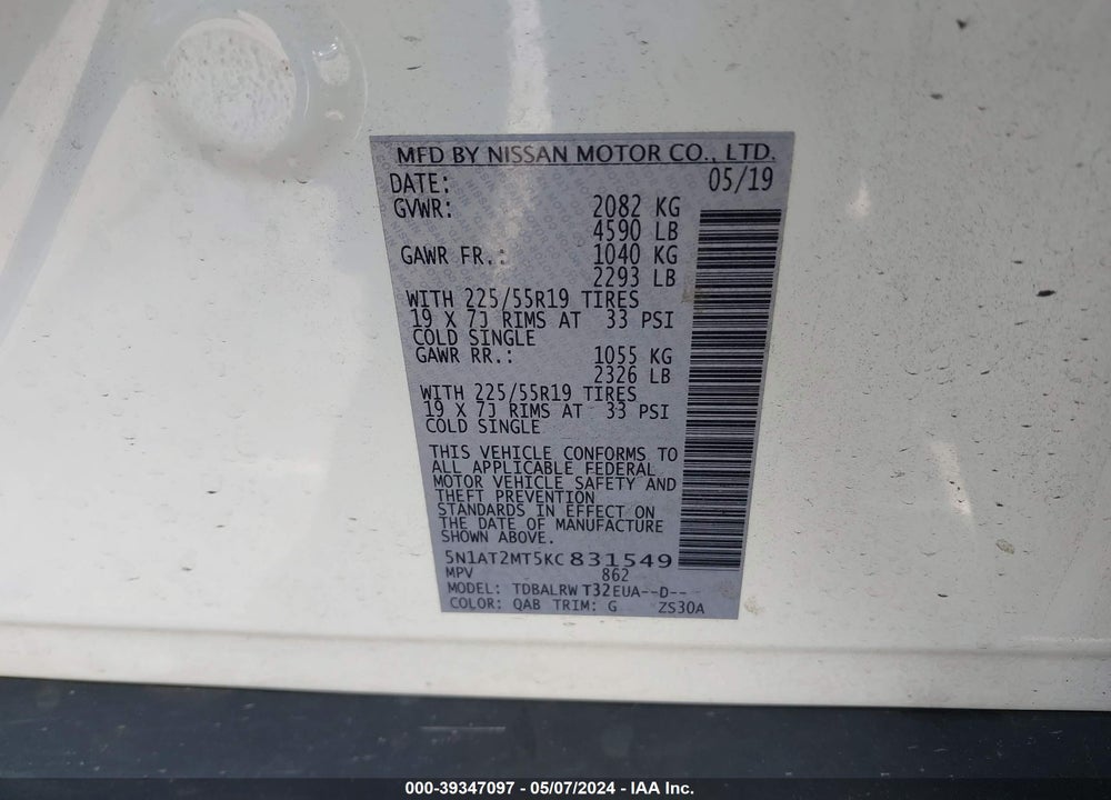 2019 NISSAN ROGUE SL VIN: 5N1AT2MT5KC831549