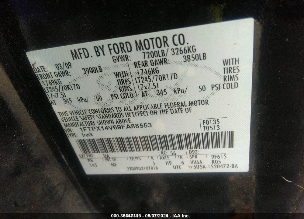 2009 FORD F-150 VIN: 1FTPX14V69FA88553