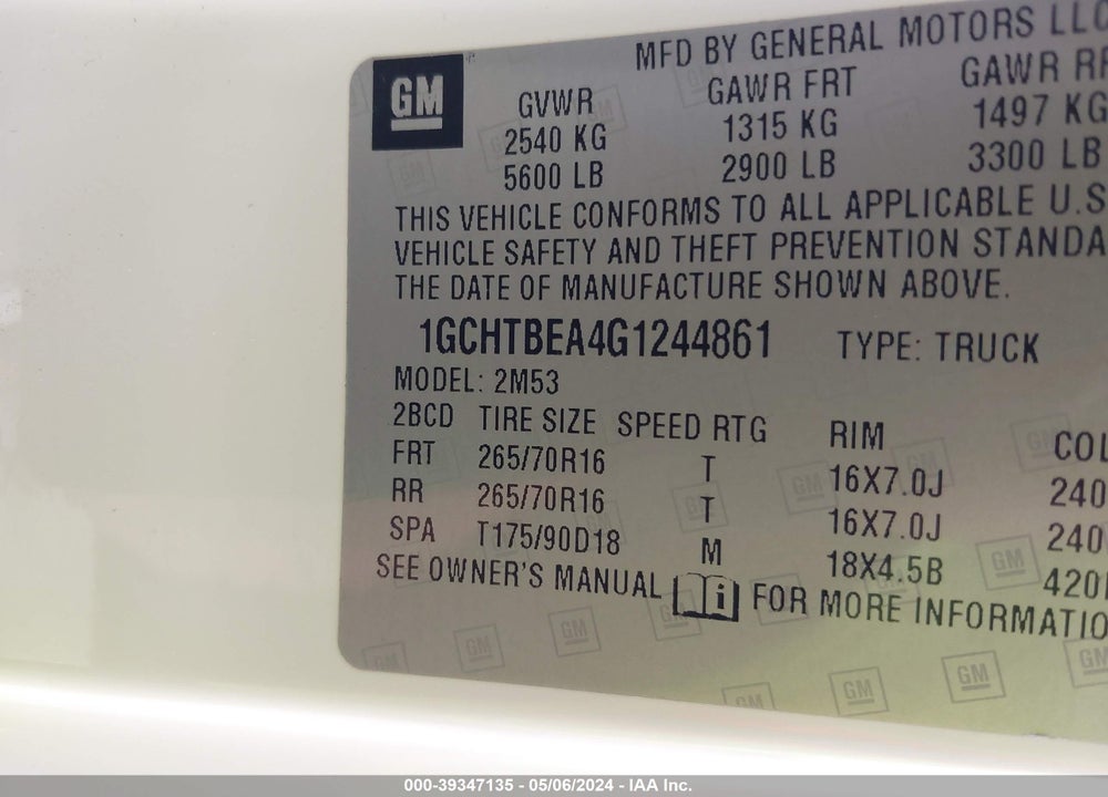 2016 CHEVROLET COLORADO WT VIN: 1GCHTBEA4G1244861