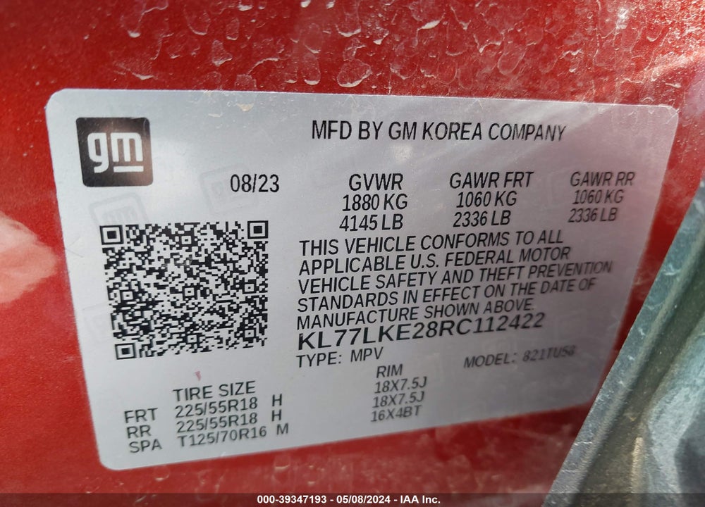 2024 CHEVROLET TRAX FWD ACTIV VIN: KL77LKE28RC112422