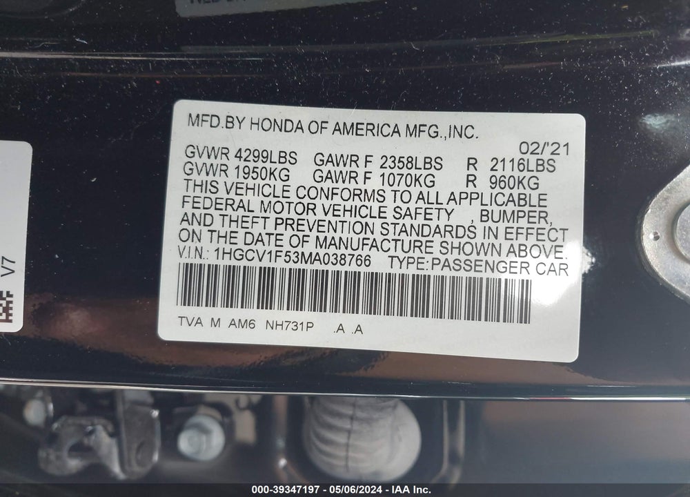 2021 HONDA ACCORD EX-L VIN: 1HGCV1F53MA038766