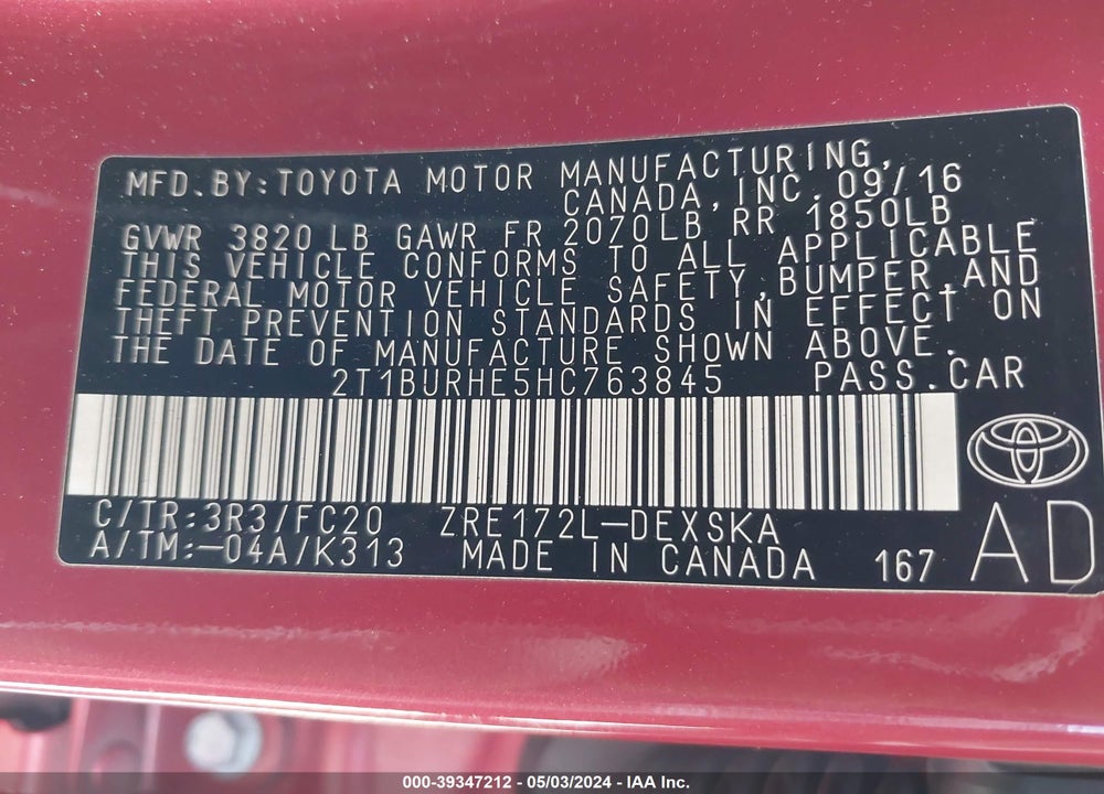2017 TOYOTA COROLLA SE VIN: 2T1BURHE5HC763845