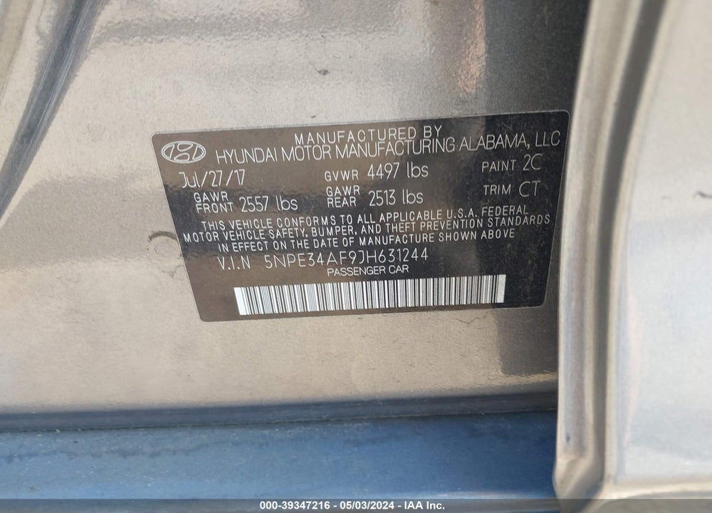 2018 HYUNDAI SONATA SEL VIN: 5NPE34AF9JH631244