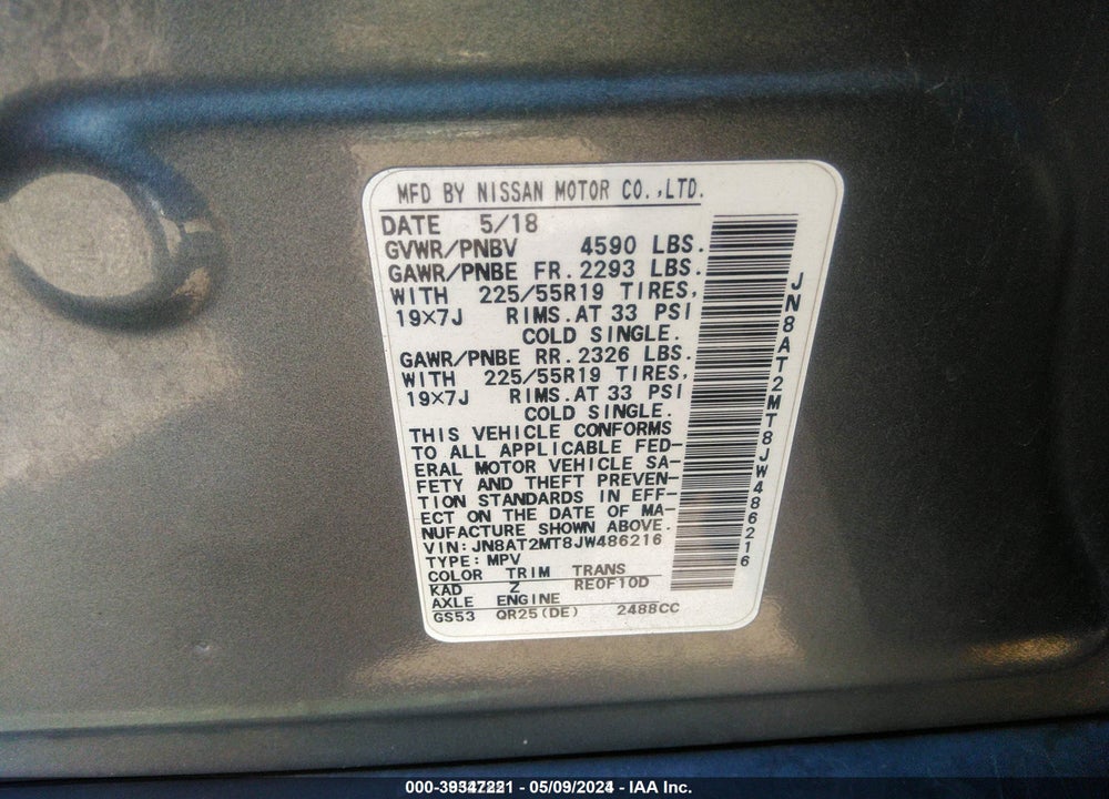 2018 NISSAN ROGUE SL VIN: JN8AT2MT8JW486216