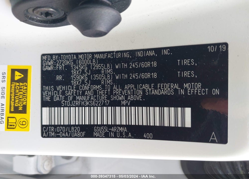 2019 TOYOTA HIGHLANDER XLE VIN: 5TDJZRFH3KS622717
