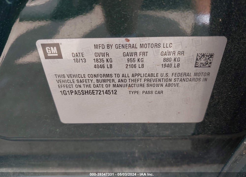 2014 CHEVROLET CRUZE LS AUTO VIN: 1G1PA5SH6E7214512
