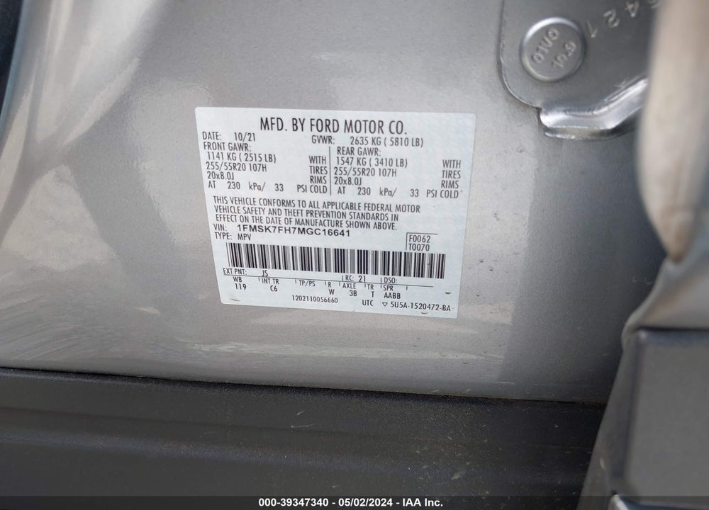 2021 FORD EXPLORER LIMITED VIN: 1FMSK7FH7MGC16641