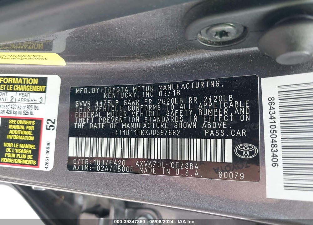 2018 TOYOTA CAMRY SE VIN: 4T1B11HKXJU597682