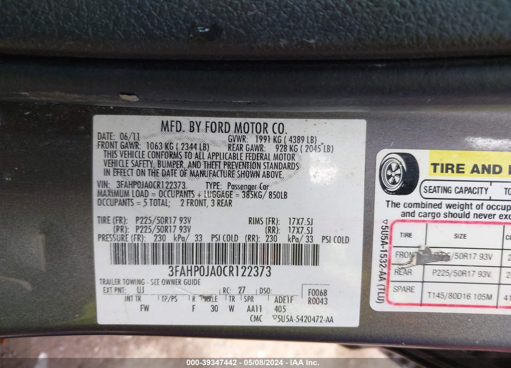 2012 FORD FUSION SEL VIN: 3FAHP0JA0CR122373
