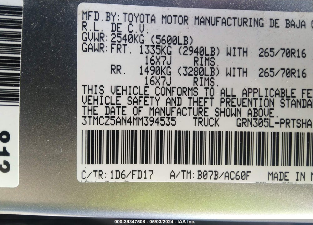 2021 TOYOTA TACOMA TRD OFF ROAD VIN: 3TMCZ5AN4MM394535