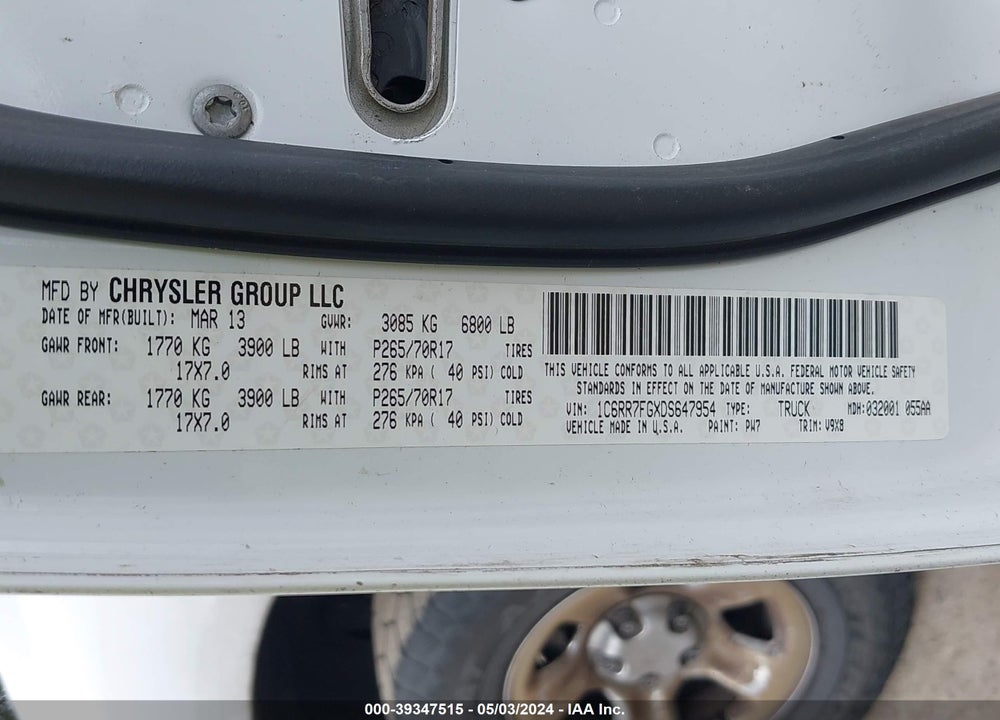 2013 RAM 1500 TRADESMAN VIN: 1C6RR7FGXDS647954