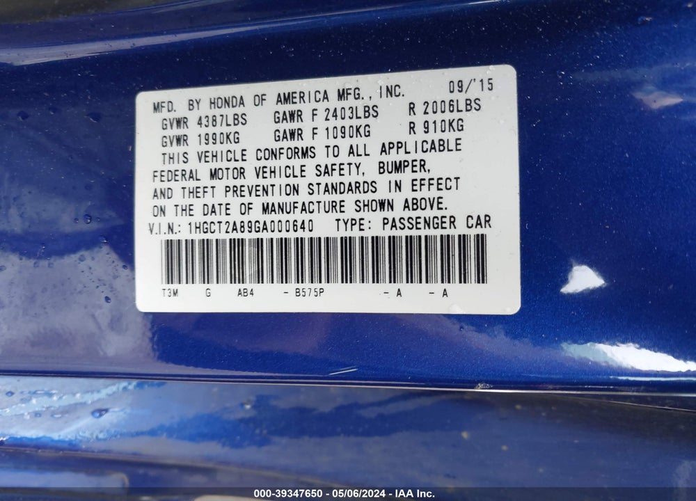 2016 HONDA ACCORD EX-L V-6 VIN: 1HGCT2A89GA000640