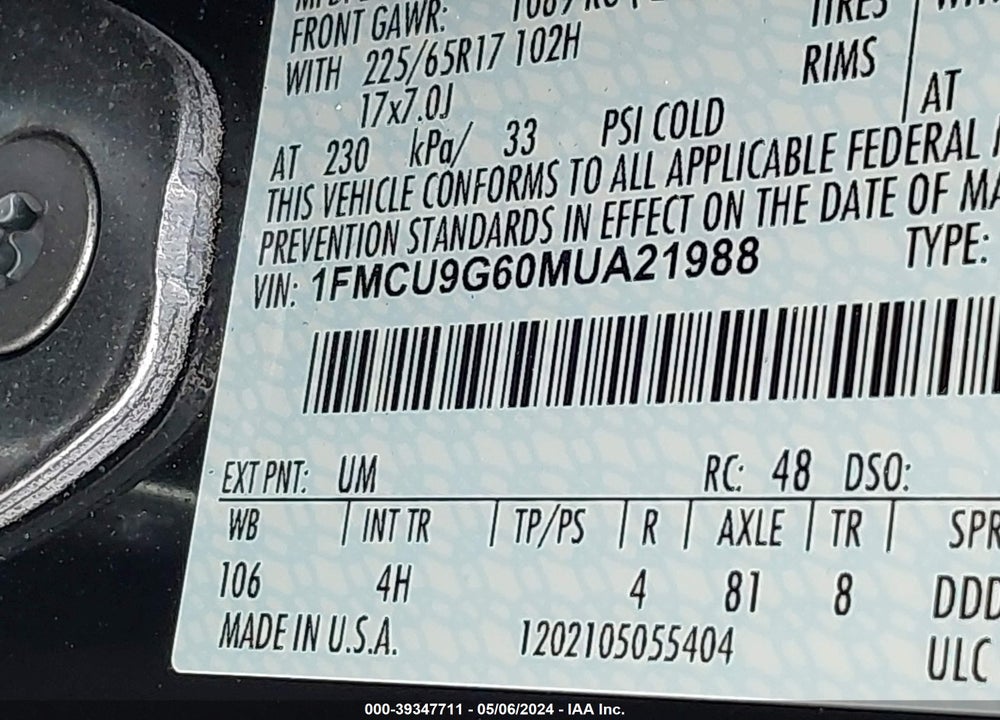 2021 FORD ESCAPE SE VIN: 1FMCU9G60MUA21988
