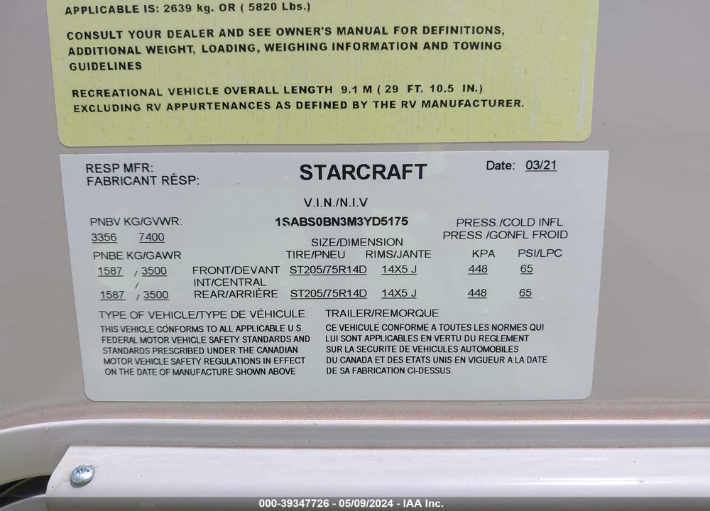 2021 STARCRAFT SUPER-LITE VIN: 1SABS0BN3M3YD5175