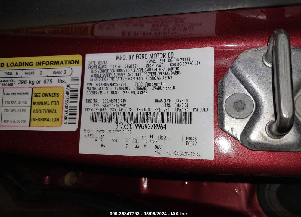 2016 FORD FUSION SE VIN: 3FA6P0T99GR378964