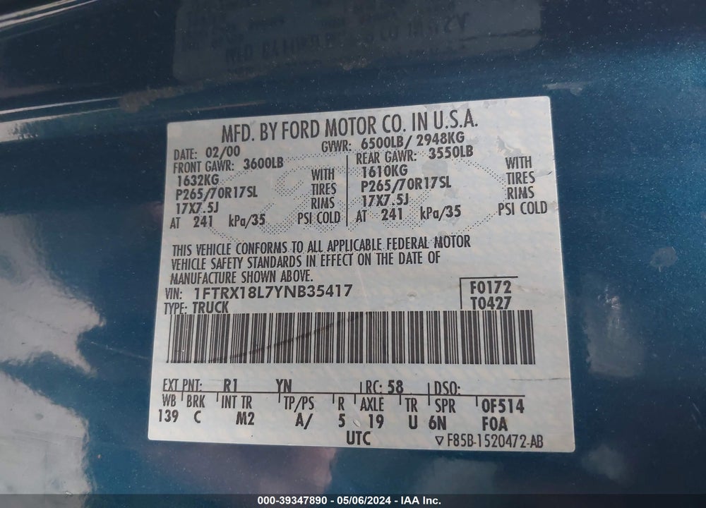 2000 FORD F-150 LARIAT/WORK SERIES/XL/XLT VIN: 1FTRX18L7YNB35417