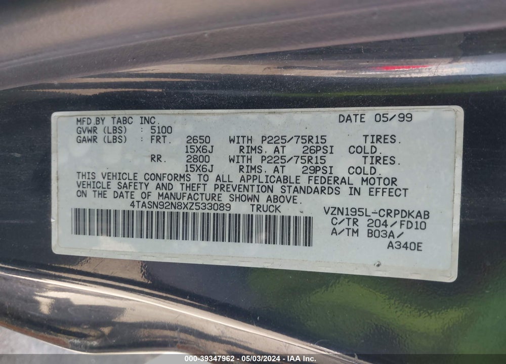 1999 TOYOTA TACOMA PRERUNNER V6 VIN: 4TASN92N8XZ533089