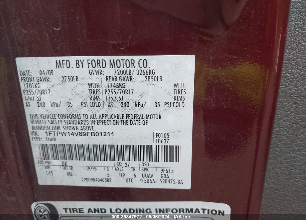 2009 FORD F-150 FX4/KING RANCH/LARIAT/PLATINUM/XL/XLT VIN: 1FTPW14V89FB01211
